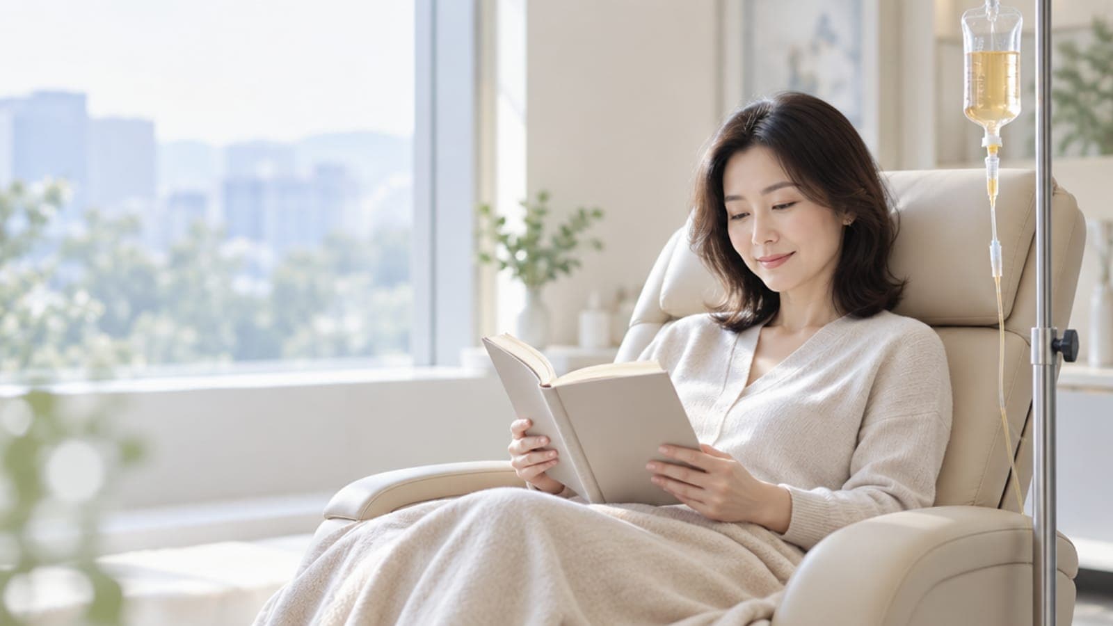 자가혈 농축 수액 — 수액 거치대 옆 의자에서 책을 읽으며 쉬는 한국인 여성