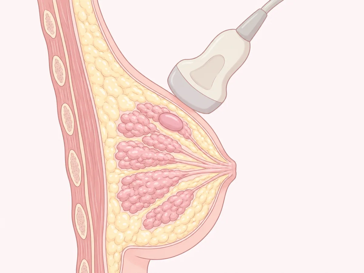 유방 단면 속에 경계가 매끈한 타원형 혹이 피부와 나란히 놓여 있는 설명 그림
