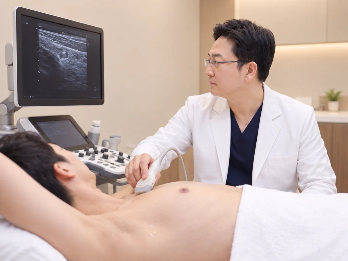 의사가 남성 환자의 가슴 옆을 초음파로 검사하며 모니터를 보는 장면