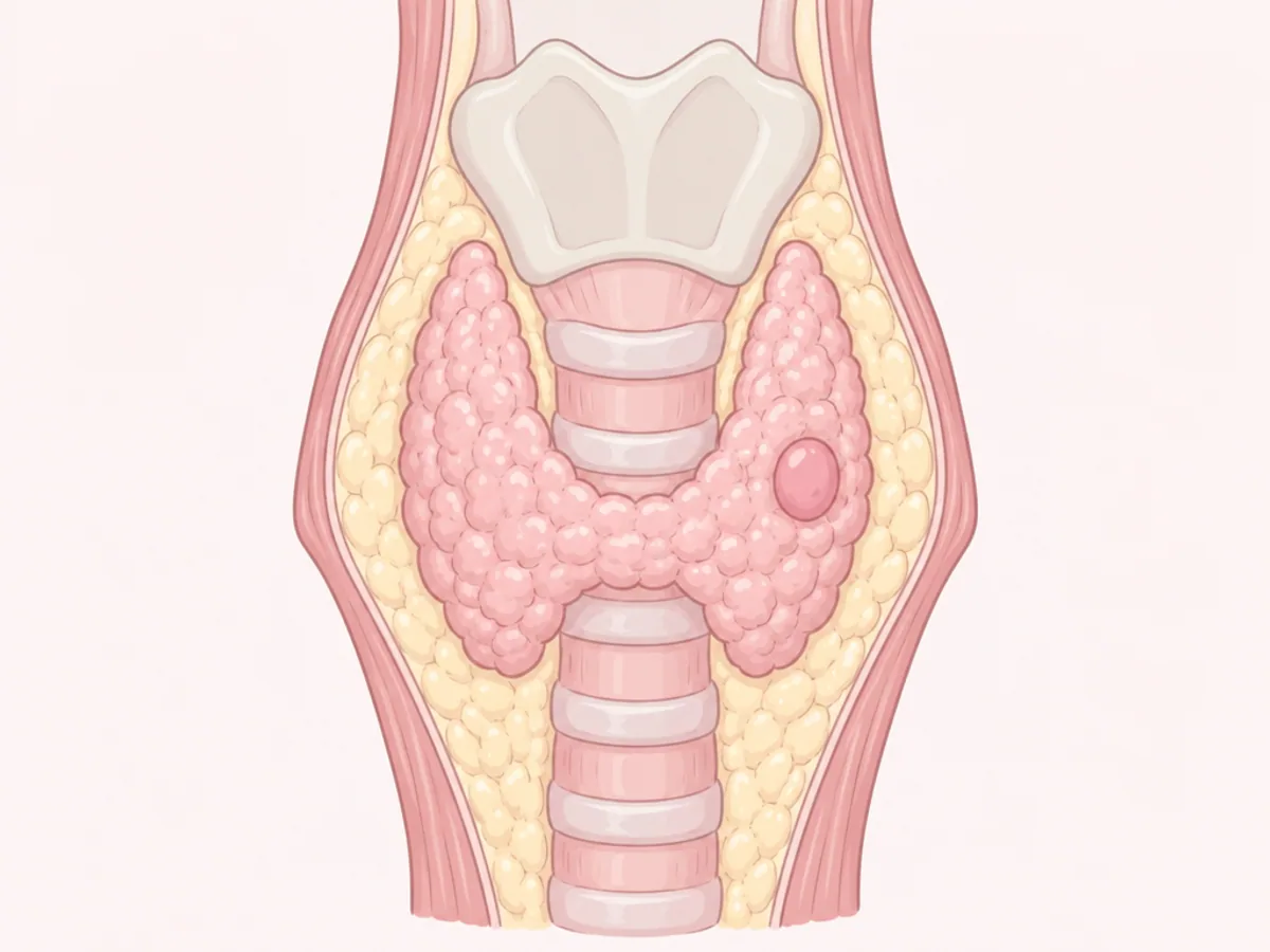 목 앞쪽 기관을 감싼 나비 모양 갑상선의 한쪽 엽 안에 둥근 결절이 있는 모습을 그린 설명 그림