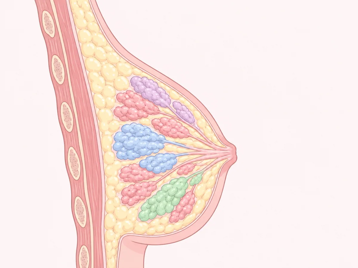 유방 단면에서 유선 조직과 가슴벽을 서로 다른 색으로 표시한 설명 그림