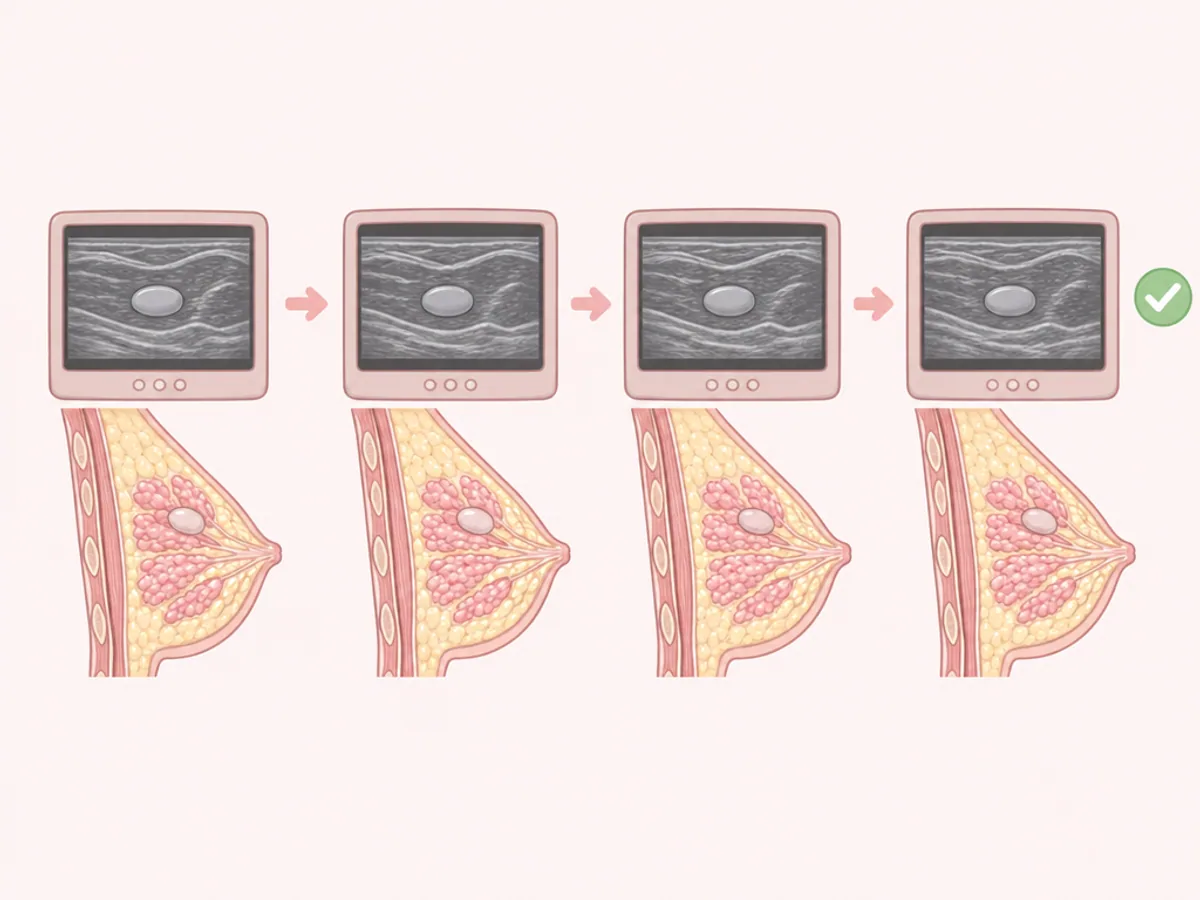 같은 크기의 타원형 혹을 시간 순서대로 네 번 초음파로 확인하는 추적검사 과정을 그린 그림