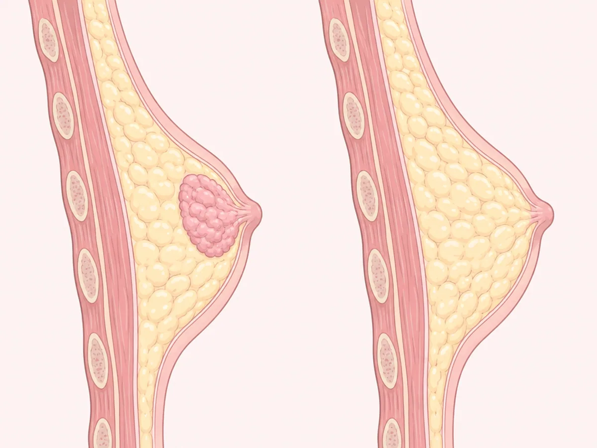 유두 아래 유선 조직이 커진 진성 여유증과 지방만 늘어난 가성 여유증을 나란히 비교한 단면 그림
