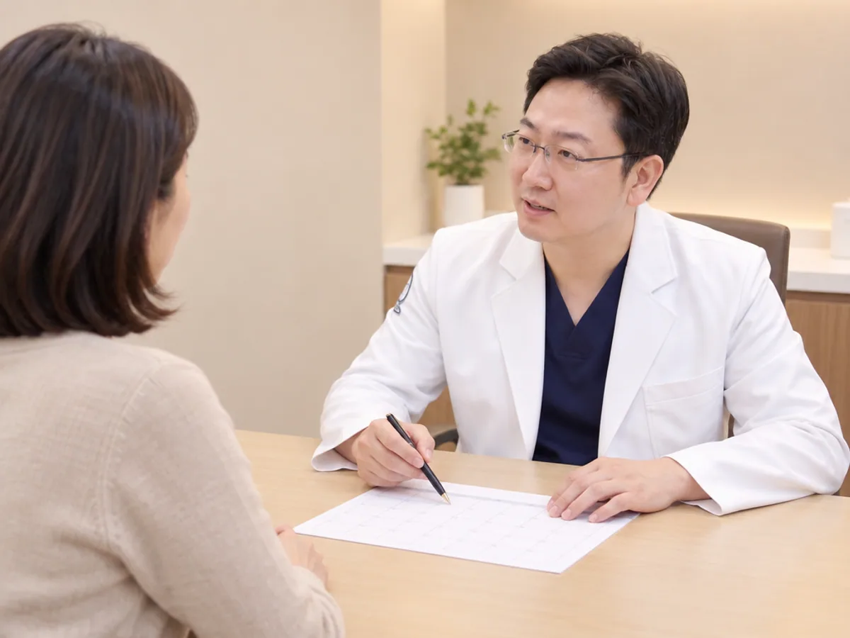 진료실에서 의사가 40대 여성 환자에게 유방암 검진 일정을 설명하는 모습