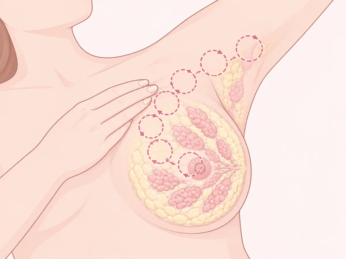 누운 자세에서 세 손가락으로 바깥쪽부터 원을 그리며 유두 쪽으로 만져 가는 자가검진 방법 그림