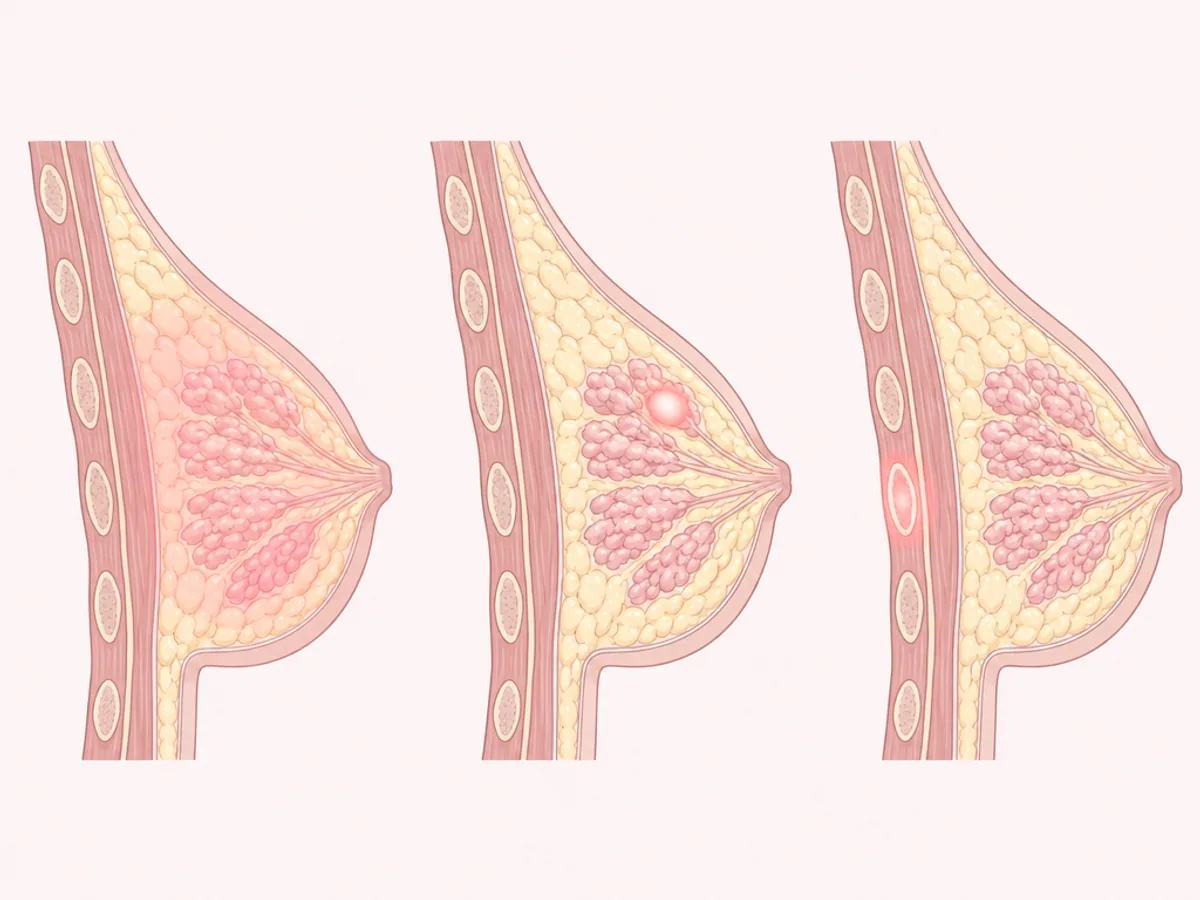 유방 전체가 아픈 주기적 통증과 한 곳만 아픈 비주기적 통증과 가슴벽에서 오는 통증을 나란히 비교한 설명 그림